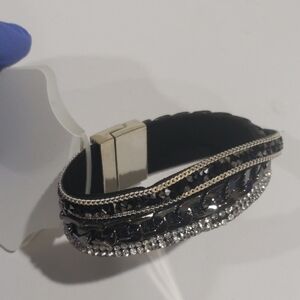 Elegant Black Bracelet Silver & Crystal Accents Magnetic Closure Women's Jewelry